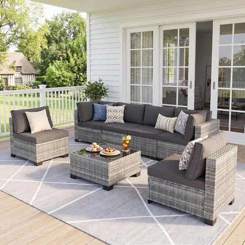 Vista 8 de FHFO Juego de muebles de patio de 7 piezas, juego de sofá seccional de 1/ Gris Gris Oscuro