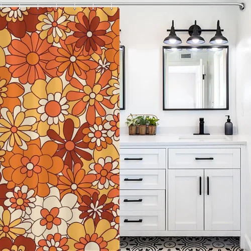 Vista 3 de Ohocut Cortina de ducha floral naranja, cortinas de ducha retro bohemias para baño, bonitas cortinas de baño de flores geniales, cortina de ducha