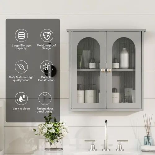 Vista 3 de Botiquín de baño de 22 x 23 pulgadas, gabinete de pared para baño con arqueado Gris
