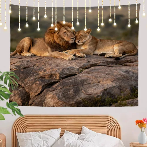 Vista 7 de Shrahala Brown Golden Tapestry, Lion Wall Hanging Hd Print Polyester Backdrop For Dorm Room Bedroom 30 X 40 In