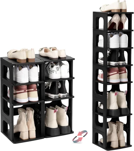 Vista 5 de TRZZ - Estante pequeño para zapatos de 4 niveles, organizador vertical estrecho apilable con partición removible, almacenamiento eficiente de Negro
