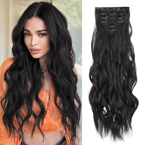 Vista 13 de Extensiones de cabello con clip para mujer, mezcla negra oscura con reflejos marrón claro, 20 pulgadas, 6 piezas, extensiones de cabello largo