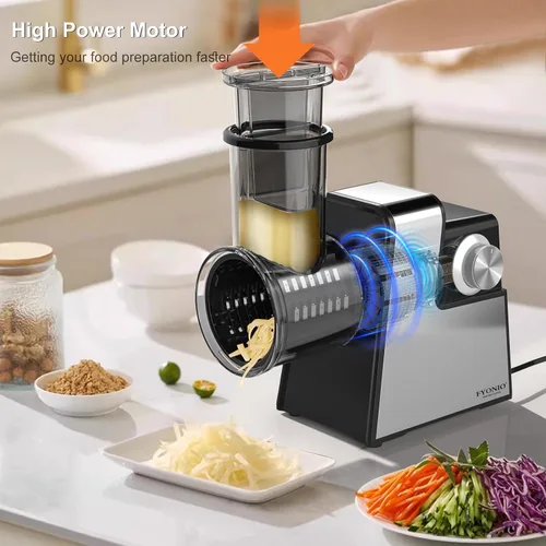 Vista 3 de Rallador Eléctrico de Queso, Máquina de Ensalada 5 en 1 con Cuchillas de Acero Inoxidable, Rebanador y Rallador Eléctrico de Alimentos de 250W