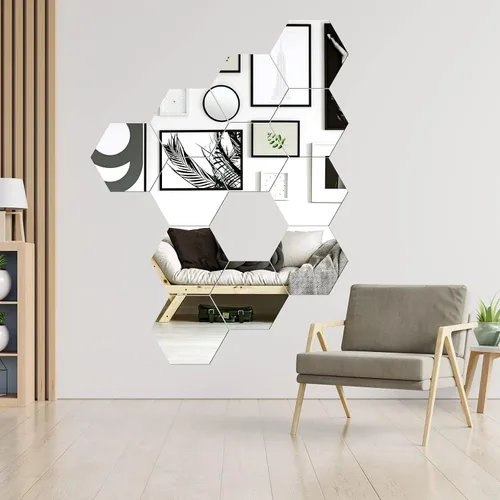 Vista 4 de Jetec Espejo hexagonal de vidrio para pared, espejo autoadhesivo a granel, vidrio de pared plano y flexible para centros de mesa para dormitorio