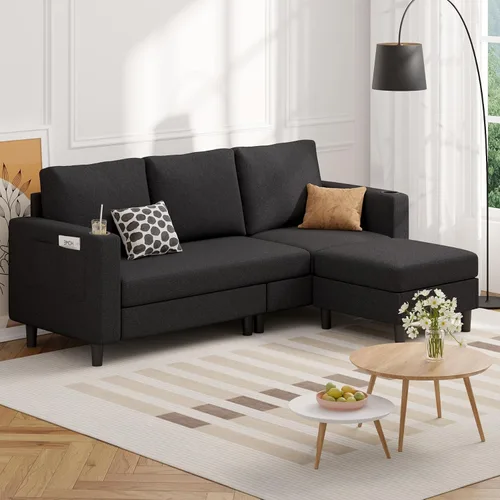 Vista 3 de Sofá seccional en forma de L de 78", sofá de 3 asientos para apartamento, lino negro
