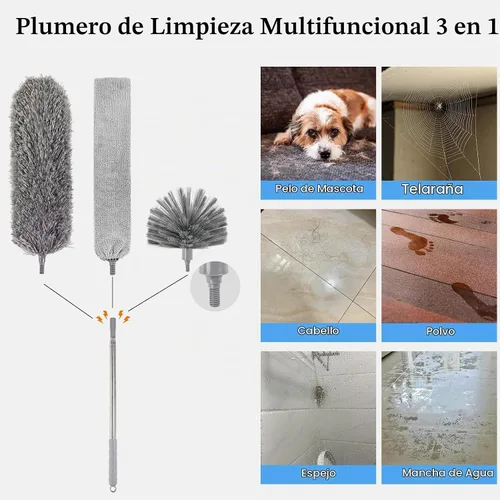 Vista 2 de Plumero de telaraña con poste de extensión, limpiador de plumas de microfibra lavable 5 en 1 kit con 3 cabezales de plumero, plumero largo