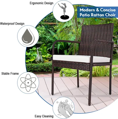 Vista 7 de Juego de 4 sillas de mimbre para patio al aire libre, con marco de acero resistente y cojines suaves, juego de comedor al aire libre resistente a