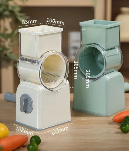 Vista 3 de Rallador giratorio de queso con manivela, trituradora multiusos con 3 cuchillas intercambiables de acero inoxidable para triturar, rebanar y rallar