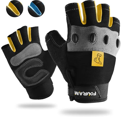 Vista 9 de FOUR-AM Guantes de trabajo para hombre, guantes mecánicos sin dedos, antichoque, anticolisión para hombres y mujeres