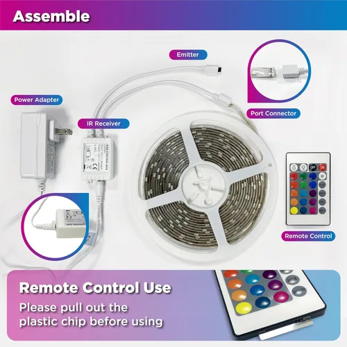 Vista 5 de Tira de luces LED, tira de luz RGB de 16.4 pies con control remoto y fuente de alimentación, revestimiento de poliuretano, adaptador ETL de 12 V CC