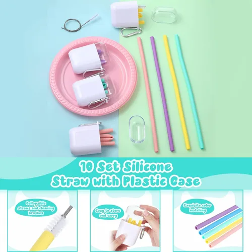 Vista 3 de Mumufy Juego de 10 popotes de viaje de silicona con estuche, popotes reutilizables, pajitas plegables y portátiles para fiestas, pajitas frías
