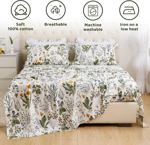 Vista 3 de QSH Sábanas 100% Algodón para Cama Tamaño Queen, Patrón Botánico de Plantas con Flores Amarillas, Sábanas de Cama Florales Impresas de Algodón