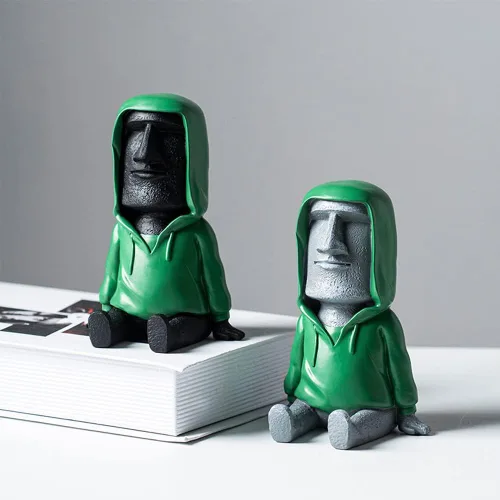 Vista 7 de Decoración de estatua Moai de Isla de Pascua con soporte para teléfono inteligente, escultura de figura retro para oficina en casa con soporte