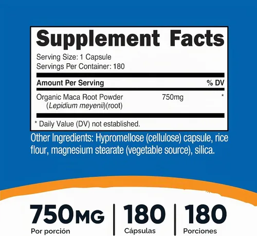 Vista 2 de Nutricost Cápsulas de raíz de maca (Lepidium meyenii) 750 mg, 180 cápsulas, 180 porciones Lepidium meyenii