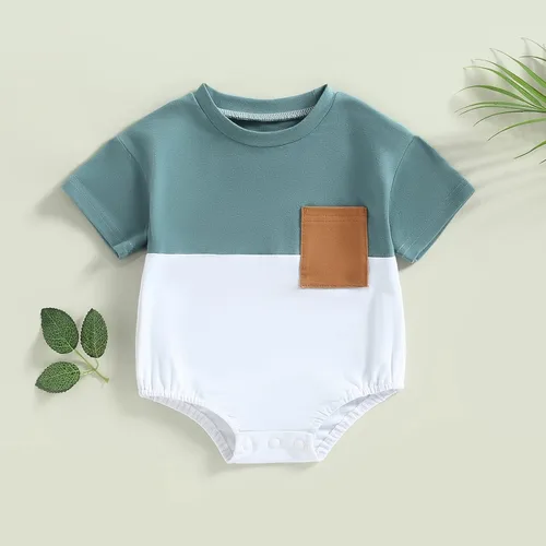 Vista 2 de Mameluco de verano para bebé niño, trajes de mameluco de bloque de color, lindo overol de 3, 6, 12, 18 meses Azul
