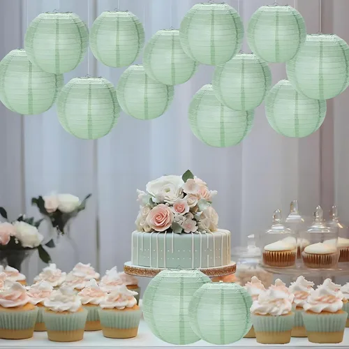 Vista 5 de Faroles de papel verde salvia polvoriento, 12 linternas de papel redondas colgantes decorativas para graduación, baby shower, boda, cumpleaños