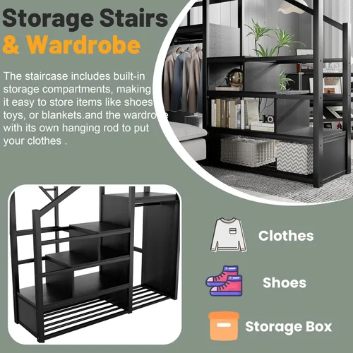 Vista 4 de Mirightone Cama elevada de tamaño completo con escaleras, camas elevadas de metal, estructura de cama elevada con estantes de almacenamiento, cama