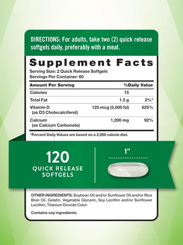 Vista 2 de Nature's Truth Calcio 1200 mg más suplementos de IU de vitamina D3 5000, 120 cuentas (Paquete de 3)