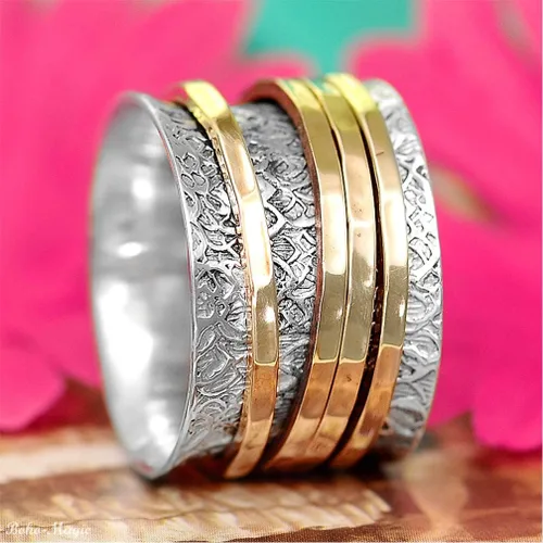Vista 6 de Boho-Magic Anillo giratorio de plata de ley 925 para mujer con 4 anillos de latón para ansiedad, banda ancha gruesa, Metal