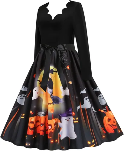 Vista 2 de Vestido de Halloween para mujer 2022 casual estampado con cuello en V con cremallera manga larga con panel de columpio
