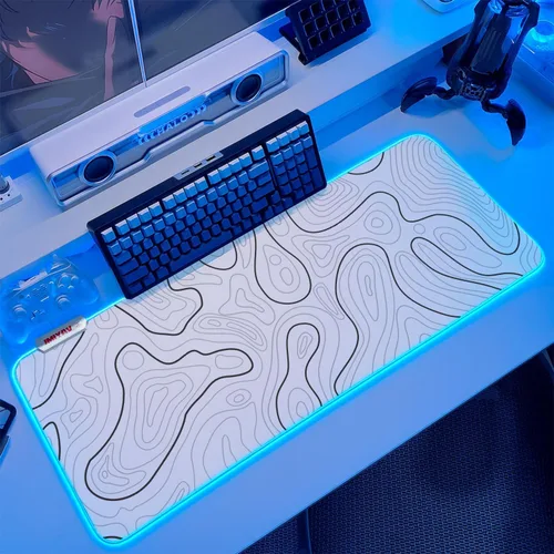 Vista 11 de JMIYAV Alfombrilla de mouse para juegos RGB en blanco y negro, 31.5 x 12 pulgadas, PC XL, grande, extendida y brillante, con luz LED, base de goma