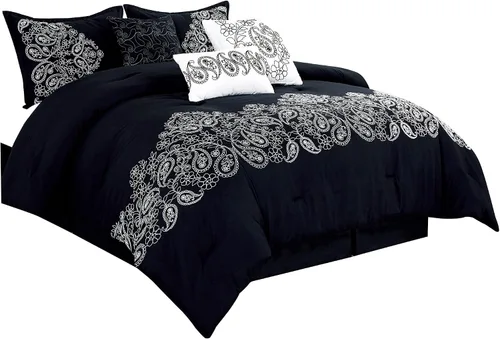 Vista 9 de Chezmoi Collection Linz - Juego de edredón bordado de 7 piezas, diseño de cachemira negro/blanco, tamaño Queen