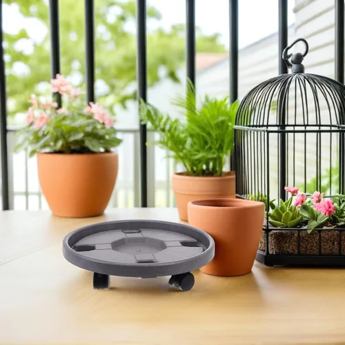 Vista 6 de 2pcs Round Plant Stand Roller Trolley with Brake Casters, Plastic Thickened Base with 360° Swivel Wheels, Water-catching Tray, for Planter Boxes and