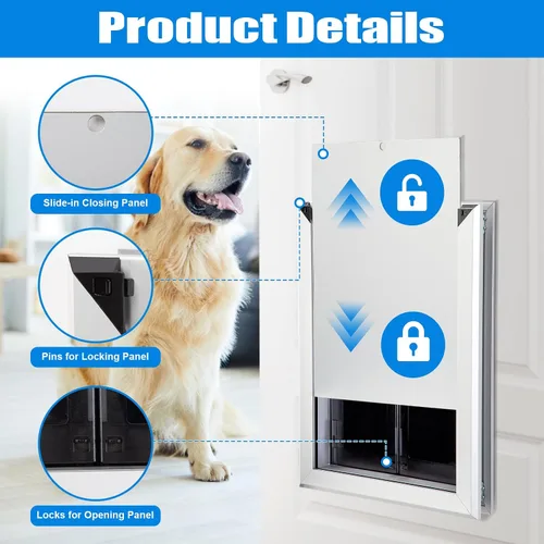 Vista 5 de Puerta de aluminio para mascotas con paneles, puerta duradera para perro con solapas magnéticas de cierre automático, panel deslizante y 4