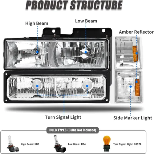 Vista 4 de para Sierra 1994-1998 Conjunto de Faros compatible con GMC C10/Sierra/Suburban/Yukon 1994-1998 con Parachoques y Esquina Carcasa Cromada