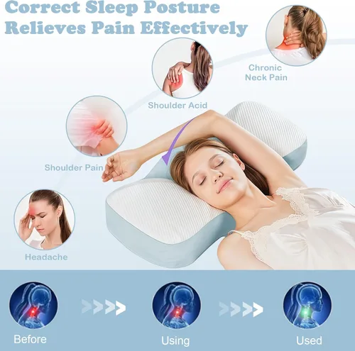 Vista 3 de Almohada cervical para el cuello para aliviar el dolor, almohadas ergonómicas de espuma viscoelástica para dormir con funda de almohada lavable