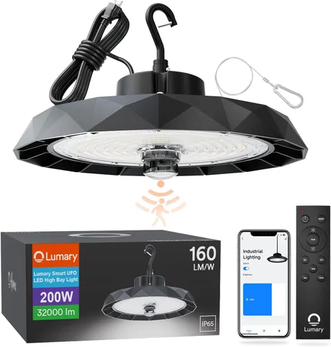 Vista 9 de Lumary Smart Bluetooth UFO LED High Bay Light Sensor de movimiento de 100 W, 16,000 lm 5000 K regulables luces de garaje para taller, compatible