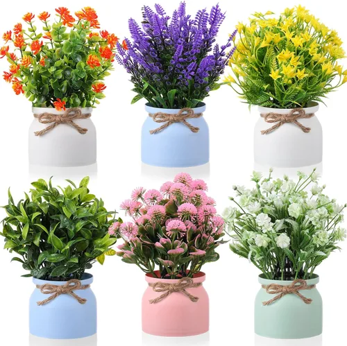 Vista 8 de Cindeer 4 piezas de flores artificiales grandes en maceta, flores artificiales de plástico para decoración del hogar, plantas artificiales