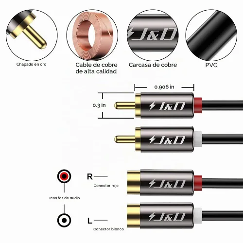 Vista 2 de J&D Cable de extensión de 2 RCA, cable RCA, cable de extensión de audio estéreo de 2 RCA macho a hembra chapado en oro con cubierta de cobre