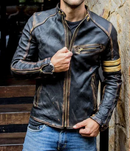 Vista 4 de Elite Vintage Café Racer Chaqueta de cuero envejecido para hombre.