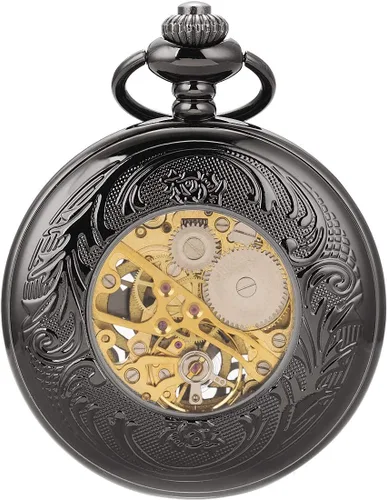 Vista 6 de ManChDa Reloj de bolsillo mecánico vintage para hombre con cadena Steampunk tallada en caja, 1.Negro, 4-a. Negro