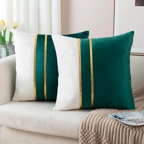 Vista 11 de ZLINA Juego de 2 fundas de almohada decorativas de terciopelo verde aguamarina y blanco con parches y cuero dorado de 16 × 16 pulgadas, fundas