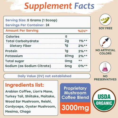 Vista 2 de Ambica Café molido de hongos instantáneos, orgánico USDA con diez café de hongos con melena de león, reishi, cordyceps y chaga para apoyo