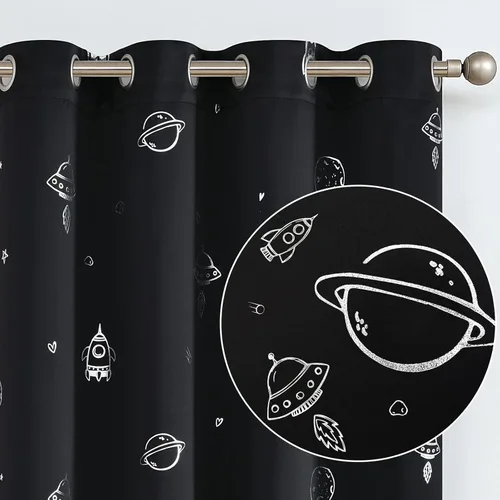 Vista 10 de Vangao Cortinas negras para niños, dormitorio de niños, cortinas opacas con temática espacial para habitación de niños, guardería, habitación