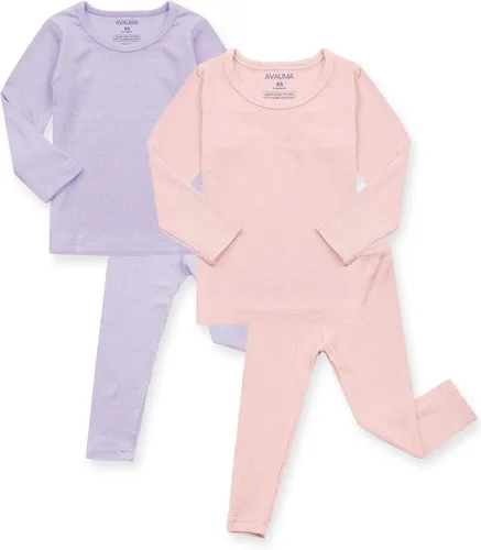 Vista 33 de AVAUMA Conjunto de pijama para bebés, niños y niñas, ajuste ceñido, con nervaduras, ropa de dormir para el estilo de vida diario Negro/Azul