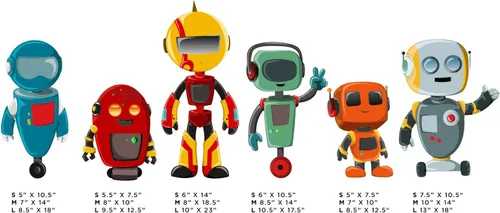 Vista 2 de Calcomanías de pared de tela de robots, juego de 6 lindos robots, 3 tamaños diferentes