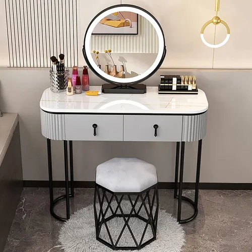 Vista 19 de Escritorio de tocador con espejo iluminado, mesa de tocador de lujo ligera con luces, 3 modos de iluminación de color, brillo ajustable, mesa