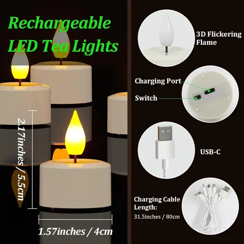 Vista 7 de SoulBay Velas de té recargables con control remoto, 12 piezas de velas LED sin llama parpadeantes con temporizador y cable de carga USB, sin