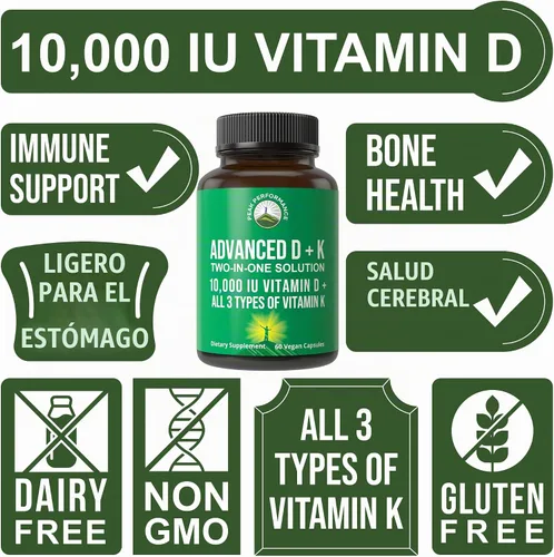 Vista 3 de Peak Performance Suplemento Avanzado de Vitamina D 10,000 UI con Todos los 3 Tipos de Vitamina K Cápsulas 10,000 UI de Vitamina D3 y Vitamina K2