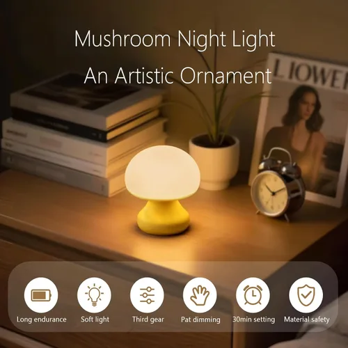 Vista 4 de Vivilumens Luz nocturna de hongos para niños, control táctil regulable de 3 niveles, temporizador de apagado automático, silicona segura para bebés