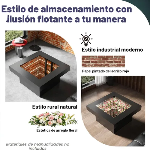 Vista 5 de FKWin Mesas de centro modernas negras – Mesa de centro cuadrada con espejo de profundidad infinita con luces LED, mesa negra para sala de estar
