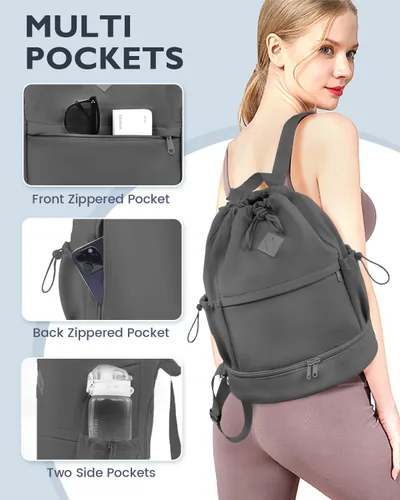 Vista 3 de Mochila deportiva con cordón, bolsa de gimnasio con compartimento para zapatos y bolsillo húmedo, bolsa de natación para mujeres y hombres, mochila