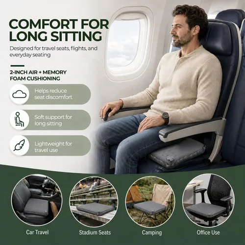 Vista 4 de Cojín de asiento inflable, almohadilla de asiento de viaje autoinflable con espuma viscoelástica, almohadilla portátil de 2 pulgadas de grosor