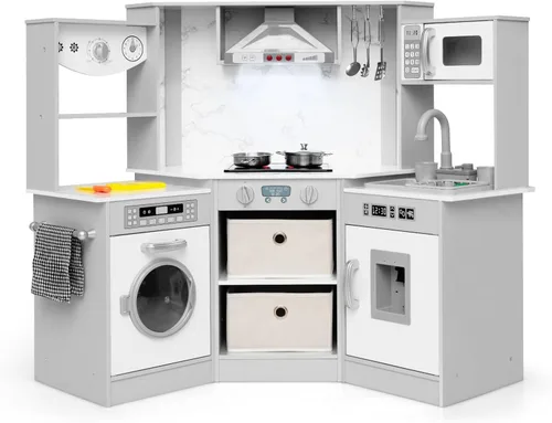 Vista 12 de INFANS Juego de cocina para niños con agua corriente real, juego de cocina de esquina de madera con luz de simulación de sonido y estufa