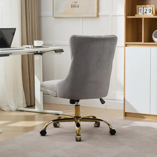 Vista 4 de SSLine Elegante silla de escritorio de terciopelo para niñas y mujeres, silla giratoria copetuda para computadora de oficina con ruedas, moderna