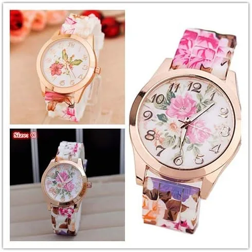 Vista 3 de Reloj para mujer, reloj de pulsera de cuarzo con estampado de flores y arco iris de silicona, cronógrafo (A)